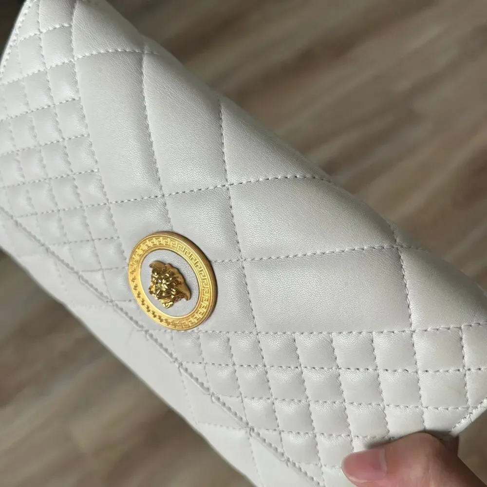 Versace Off White Quilted Leather La Medusa Gold Chain Clutch